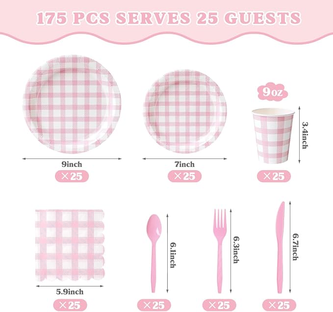 Vyntra 175 Pcs Pink & White Checkered Gingham Paper Plates and Napkins Set - Image 2