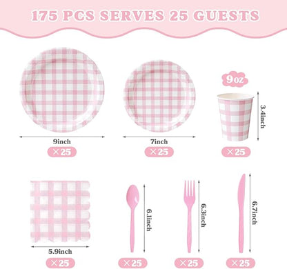 Vyntra 175 Pcs Pink & White Checkered Gingham Paper Plates and Napkins Set - Image 2