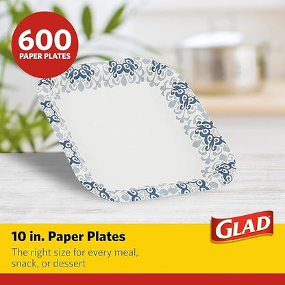 Glad Square Disposable Paper Plates, Blue Victorian Pattern - Strong, Sturdy, Soak Proof, and Microwavable Decorative Plates for Dinner and Everyday Use, 10 Inch, 50 Count - 12 Pack