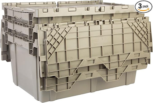 Hudson Exchange 27.3 x 17.2 x 12.6 (3 Pack) Storage Tote Distribution Container with Hinged Attached Lid, Gray/Brown