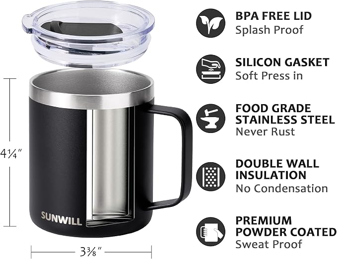SUNWILL Travel Coffee Mug with Lid, Insulated Tumbler with Handle, 14oz - Image 2