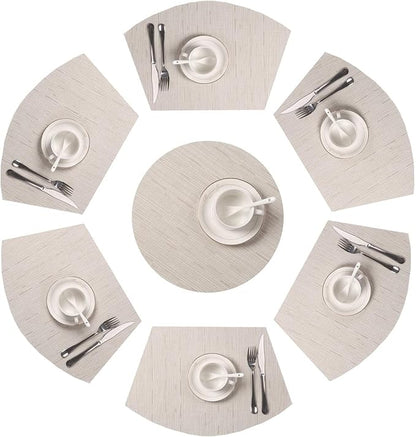 SHACOS Round Table Placemats Set of 7 Wedge Shaped Place Mat with Centerpiece Circle Mat Heat Resistant Small Round Table Mats Washable (7, Beige)