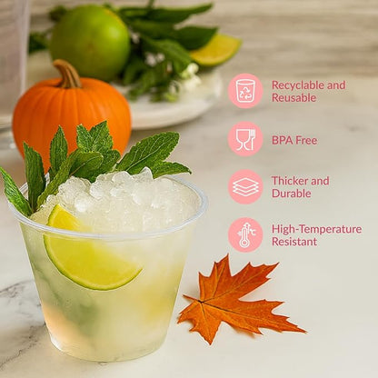 Prestee 50 Pack Plastic Cups - 9 oz Clear Disposable Cups for Cold Beverages, Cocktails, and Desserts - Durable Little Small Cup for Wine, Smoothies, Parties, Events, Catering, and Everyday Gatherings