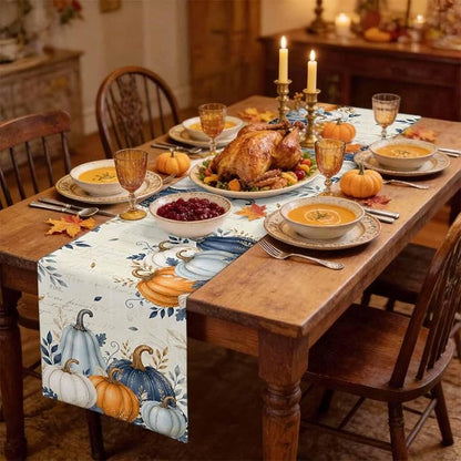 Blue Pumpkins Fall Table Runner 72 Inches Long, Thanksgiving Eucalyptus Leaves - Image 3