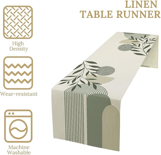 Boho Leaves Table Runner Sage Green Mid Century Modern Abstract Arch Geometric - Image 4