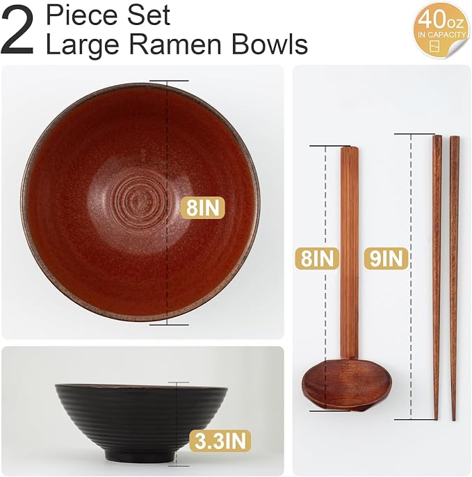 8 Inch Ceramic Ramen Bowl Set of 2, 40oz Japanese Bowls - Image 2
