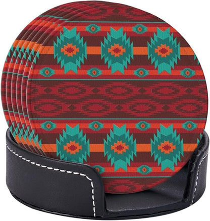 Southwest Southwestern Navajo Abstract Aztec Drinking Coasters PU Leather - Image 2