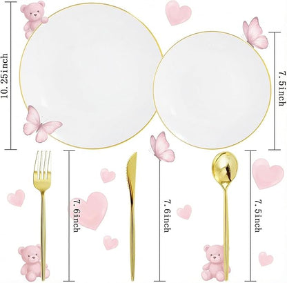 I00000 150PCS White and Gold Plastic Plates with Disposable Silverware for 30 Guests,Nice Disposable Plates,White Plastic Plates Set Include 30 Dinner Plate,30 Dessert Plate,90 Gold Cutlery for Party