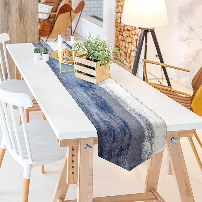 Blue and Grey Table Runner 13x72 Inch Modern Abstract Art Painting Kitchen - Image 4