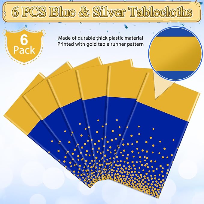 6Pcs Blue and Gold Tablecloth Party Decorations, Plastic Royal Blue Table Cloth - Image 4