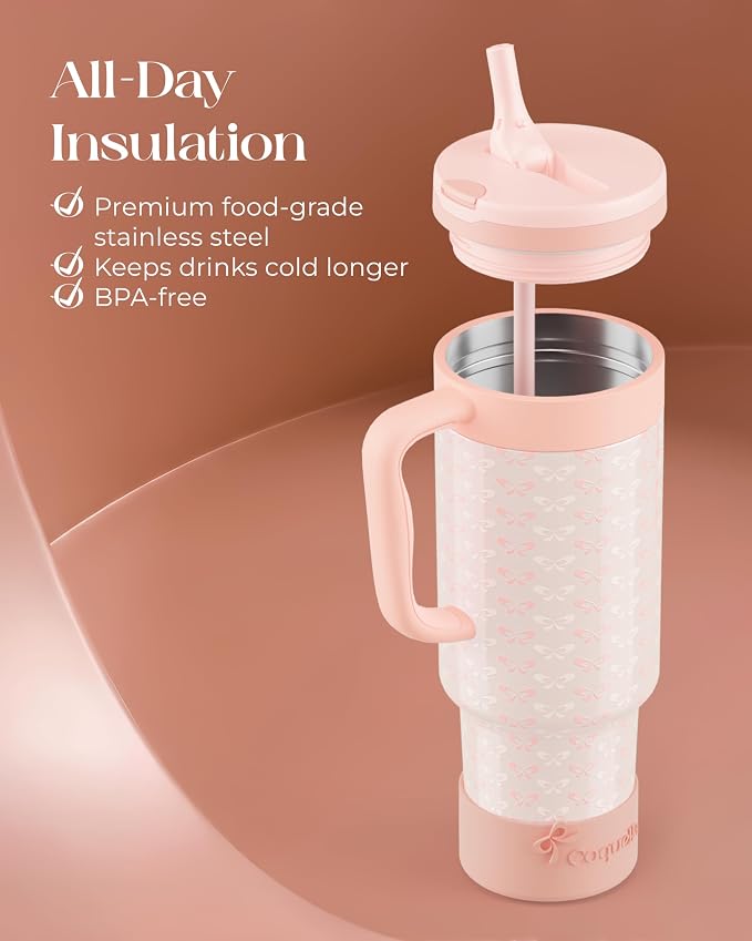 40 oz Insulated Tumbler with Handle and Push-Button Straw Lid, Stainless Steel - Image 4