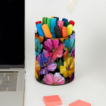 Leather Pen Holder for Desk, Oil Painting Flower Pencil Cup Pen Organizer - Image 5