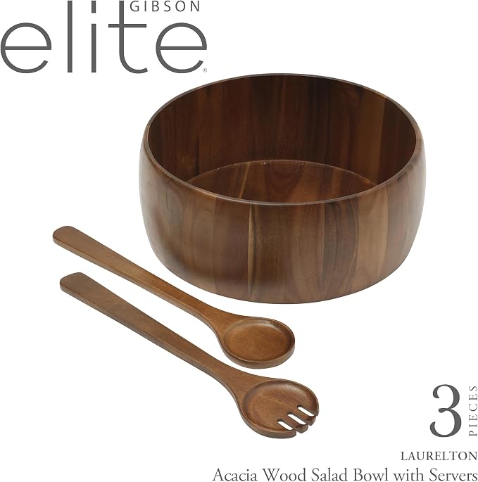 Gibson Home Laurelton 3-Piece Acacia Wood Salad Serving Bowl Set – Large - Image 2