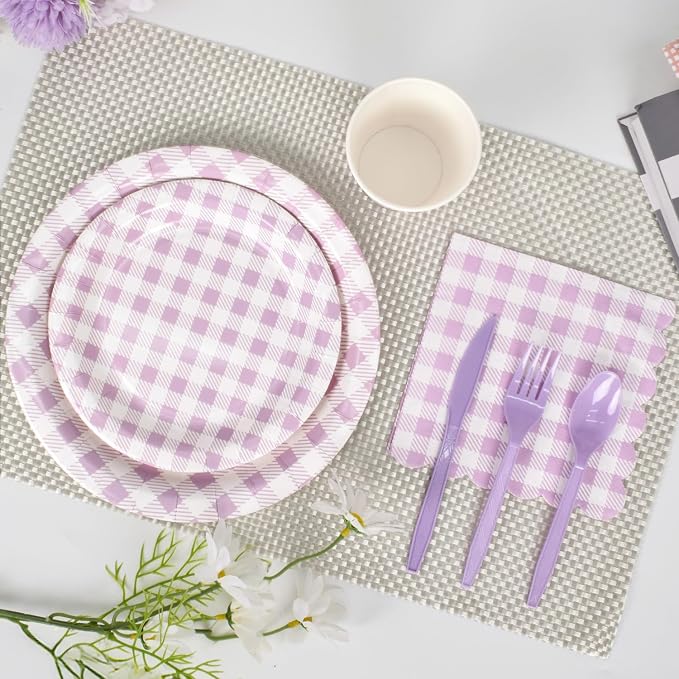 Vyntra 350 Pcs Lavender & White Checkered Gingham Paper Plates and Napkins Set - Image 4