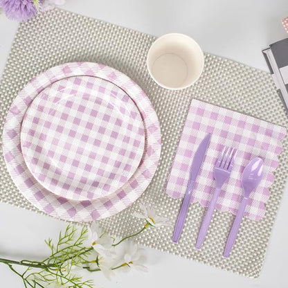 Vyntra 350 Pcs Lavender & White Checkered Gingham Paper Plates and Napkins Set - Image 4