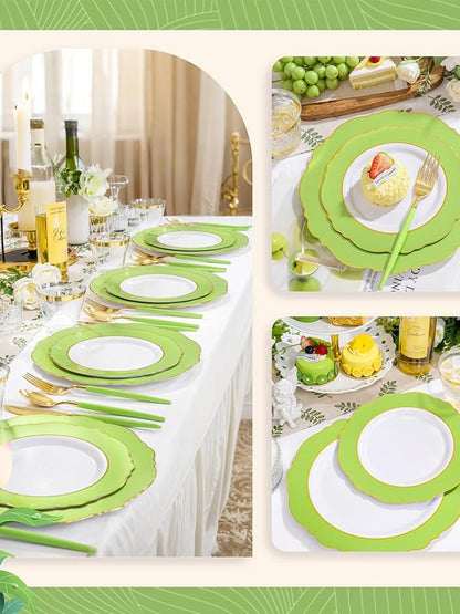 WDF 150Pcs Green Plates Disposable - Baroque Green and Gold Plates - 25Guest Plastic Dinnerware Ideal for Party/Spring/Picnic