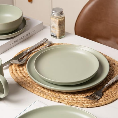 12-Piece Stoneware Dinnerware Set with Mugs | Microwave and Dishwasher Friendly | Stackable Matte Glaze Plates & Bowls | Service for 3 (Green for 3)