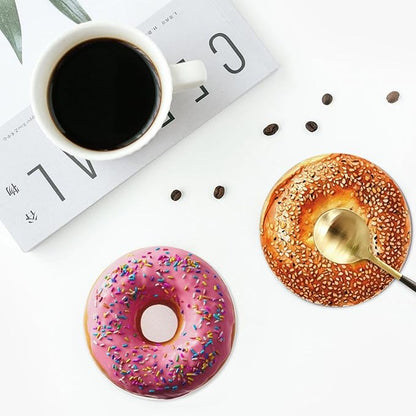Donuts Coasters for Drinks with Holder Round Leather Coasters Set of 6 Cups Mugs Mat Pad for Home Kitchen Bar
