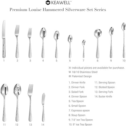 KEAWELL Premium 20/45/65 Piece Louise Hammered Silverware Set with Round Edge, 18/10 Stainless Steel, Service for 4/8/12, Fine Flatware Set, Dishwasher Safe (65)