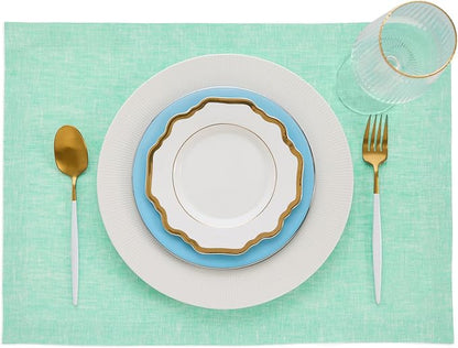 Solino Home Linen Cloth Placemats Set of 4-100% Pure Linen Chambray Aqua Placemats 14 x 19 Inch for Winter, Spring, Easter - Athena