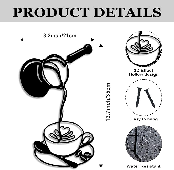 Oubasa Metal Pour Coffee Cup Wall Decor, Minimalist Cafe Themed - Image 2