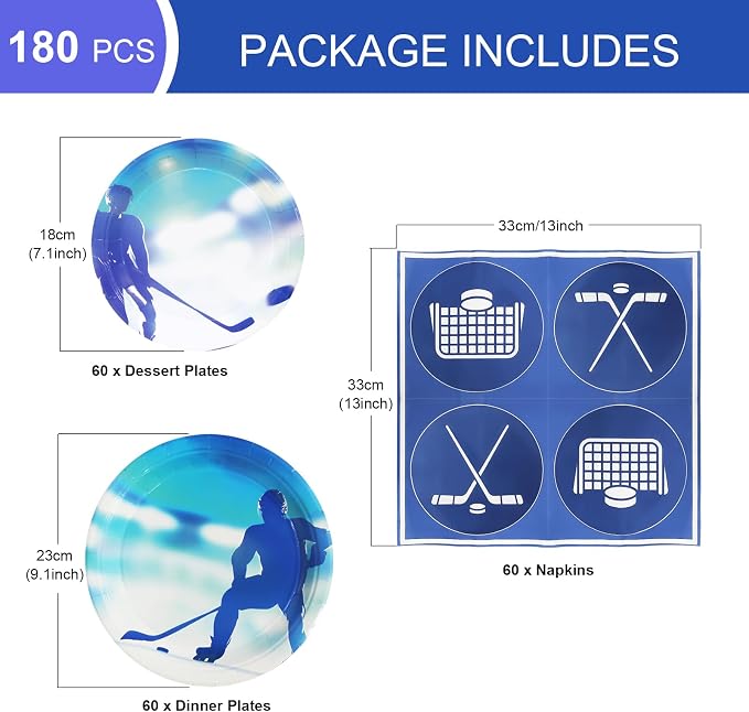 180Pcs Ice Hockey Party Supplies Paper Plates and Napkins Serve 60 | Disposable - Image 2