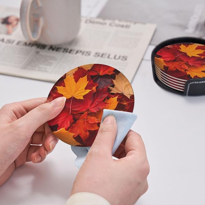 Autumn Fall Leaves Leather Coasters Set of 6 - Image 5
