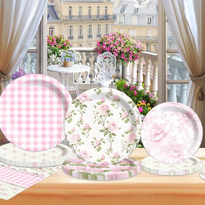 60Pcs Floral Plates and Napkins-Girls Pink Party Supplies Vintage Flower Tea - Image 2