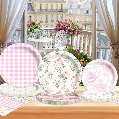 60Pcs Floral Plates and Napkins-Girls Pink Party Supplies Vintage Flower Tea - Image 2