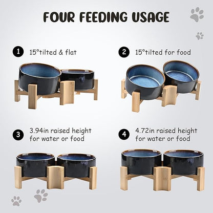 SPUNKYJUNKY 15° Slanted Ceramic Dog and Cat Bowl with Wooden Stand, Tilted Bulldog Food and Water Bowl No Slip Non-Spill for Cats Medium Dogs Big Face Pets 28.7 OZ (3.6 Cups, Starry Blue × 2)