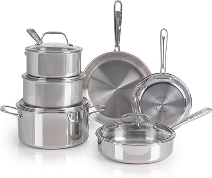 T-fal Pro Tri-Ply Stainless Steel Cookware Set, 10 Piece-Induction Compatible, Oven Safe 500F, Lids-350F, Even Heat, Professional Quality, Durable, Induction Pots and Pans Set, Silver