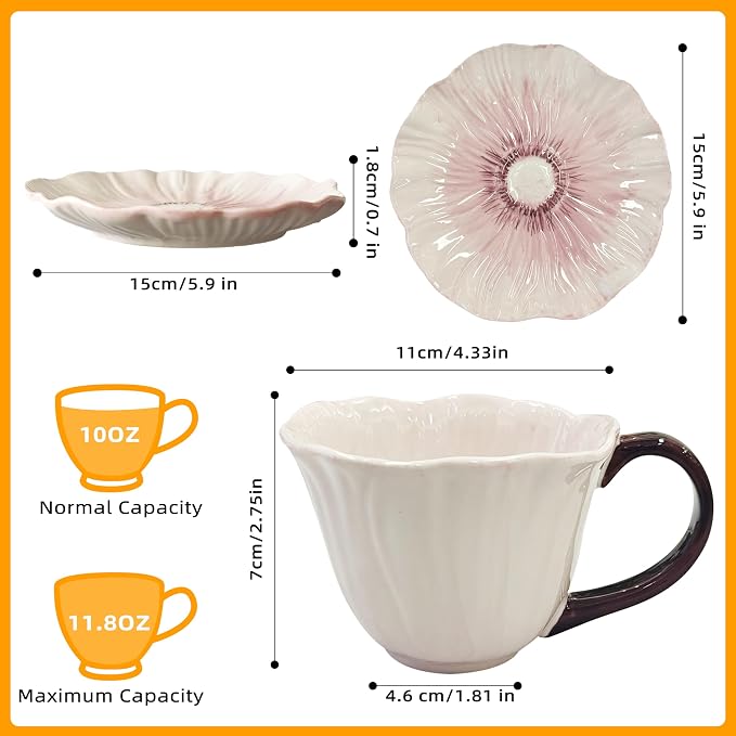 10 oz Tea Cups and Saucers, Ceramic Flower-shaped Cappuccino Cup, Latte Cup and - Image 2