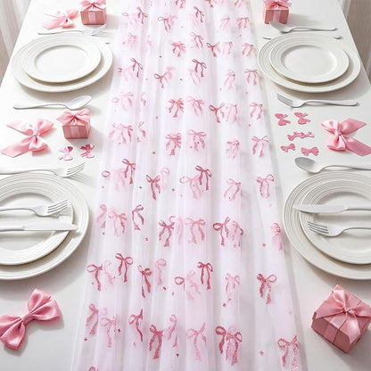 4 Pcs Pink Bow Table Runners 29 x 70 Inch White Tulle Lace Table Runner - Image 4