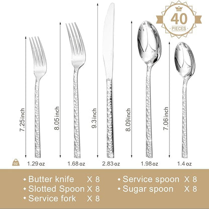 40 Piece Hammered Silverware Set, 18/10 Stainless Steel Flatware Set - Image 2