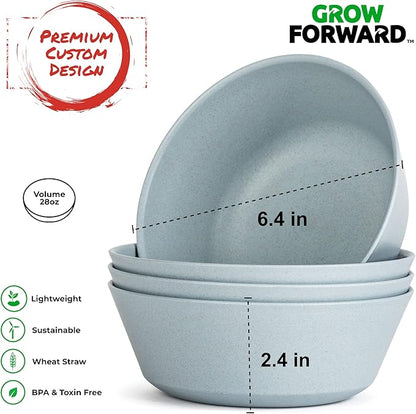 Grow Forward Premium Wheat Straw Plates and Bowls Sets - 8-Piece Wheat Straw Dinnerware Sets - Unbreakable & Reusable Microwave Safe Plastic Dinner Plates for Outdoors, RV, Camping Dishes - Glacier