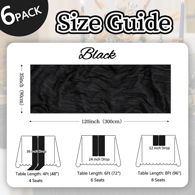 6 Pack Black Cheesecloth Table Runner 35 x 120 Inch | Boho Gauze Cheese Cloth - Image 2