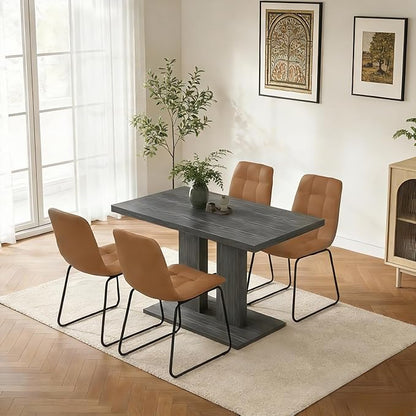 Modern 5-Piece Dining Table Set for 4, 46" Pedestal Dining Table with 4 Leather Chairs, Small Space Saving Kitchen Table Set, Grey Wood Finish Rectangular Table for Dining Room & Apartment