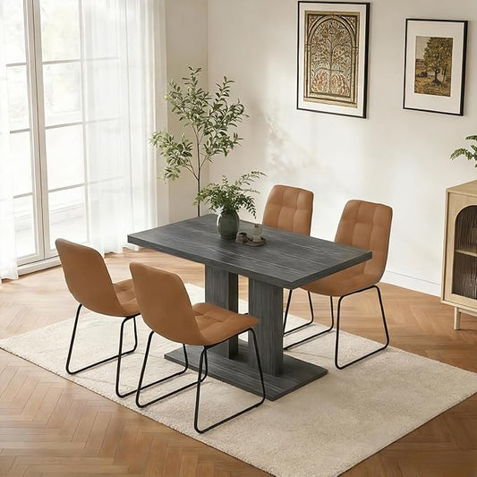 Modern 5-Piece Dining Table Set for 4, 46" Pedestal Dining Table with 4 Leather Chairs, Small Space Saving Kitchen Table Set, Grey Wood Finish Rectangular Table for Dining Room & Apartment