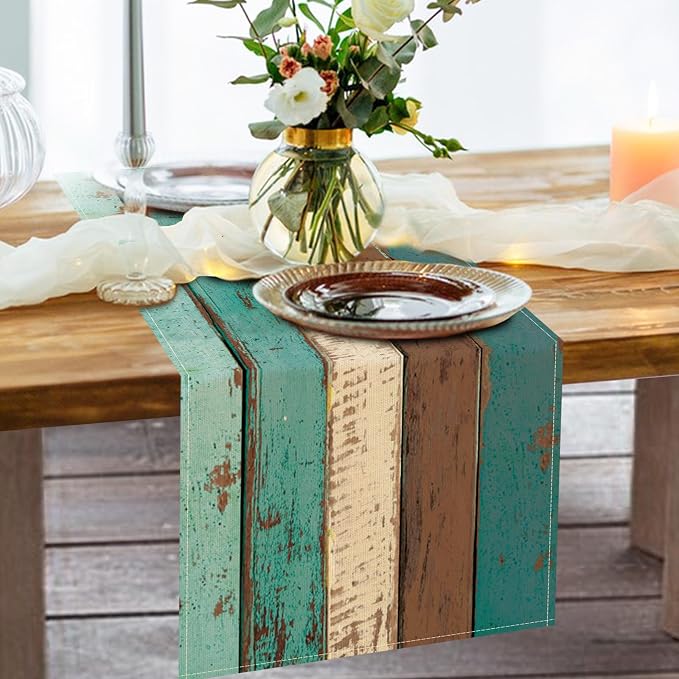 Vintage Farmhouse Wood Texture Dining Table Runner, Retro Rustic Teal | Brown - Image 6