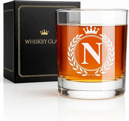 Whiskey Glasses - Rocks Old Fashioned Glass Gifts for Men, Monogrammed A-Z 10oz Personalized Whisky Glasses, Christmas Birthday Gifts for Men Him Dad Father Husband Brother Son (N)