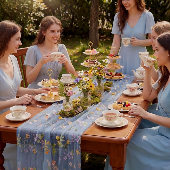 Blue Floral Table Runner 10ft Embroidery Tulle Spring Wildflower Table Runner - Image 3