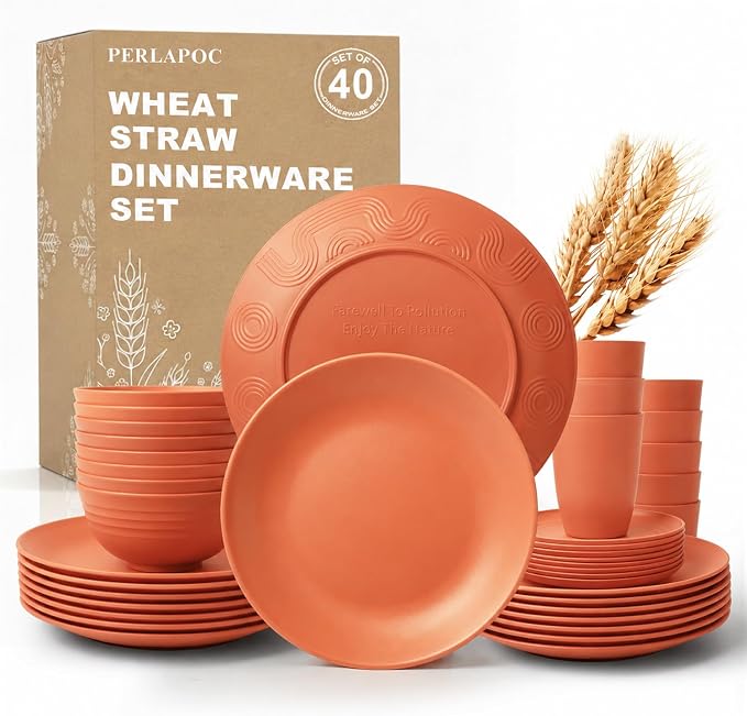 Wheat Straw Dinnerware Sets for 8, 40 Piece Unbreakable Dinnerware Set by Perlapoc