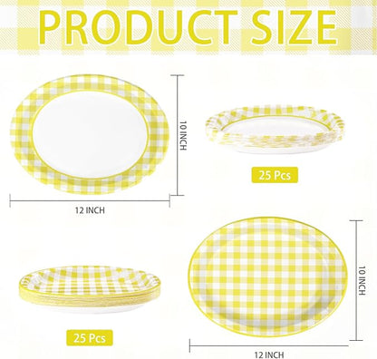50Pcs Yellow Gingham Oval Paper Plates 10"x12" Large Yellow and White Buffalo Checkered Plaid Plates Disposable Heavy Duty Gingham Party Supplies for Picnic BBQ Baby Shower Birthday Party Decorations