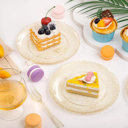 Festiva 200Pcs Gold Glitter Dessert Plates 6.3" with Forks 5"-Small Plastic Dessert/Cake/Appetizer Plates Disposable for 100 Guests Easter Party &Wedding& Birthday&New Year