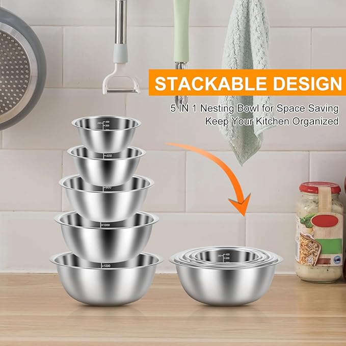 10 Pack Stainless Steel Bowls ，Nesting Mixing Bowl Set with Scale Marks, 5 Different Size (4.5, 3,2,1.5,0.7QT) Baking Bowls Mixing Set for Kitchen Food Storage, Cooking, Baking (10)