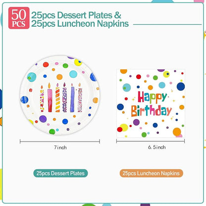 Birthday Plates & Napkins, Colorful Dots, 7 Inch, Disposable Paper Dinnerware - Image 3