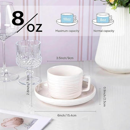 Tea Cups and Saucers Set, 8 OZ White Porcelain Coffee Cups | British Tea Set of - Image 2