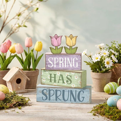 Moucuny 4 Pcs Spring Table Decorations Wooden Stacked Block Sign - Image 2