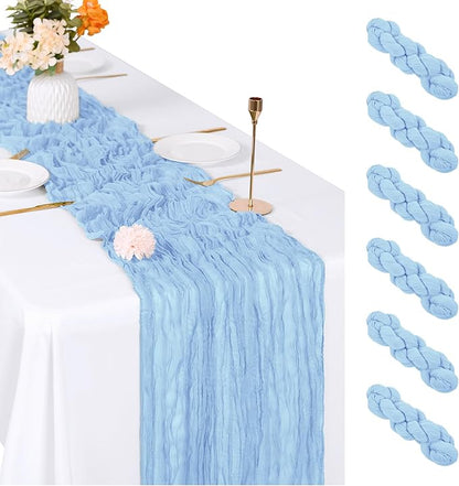 6 Pack Baby Blue Cheesecloth Table Runner, 17 x 108 inch, Semi Sheer Boho by ACSUIT