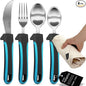 BUNMO Adaptive Utensils for Elderly, Arthritis, Weak Hand Grip, Tremors & Handicapped - Convenient Travel Pouch - 3.35oz Lightweight - Stainless Steel - Eat Independently - Adaptive Blue 4 Piece Set